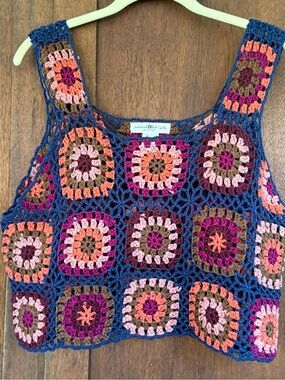 NATURAL LIFE Navy Crochet Tank Top with Pink, Coral and Brown Accents